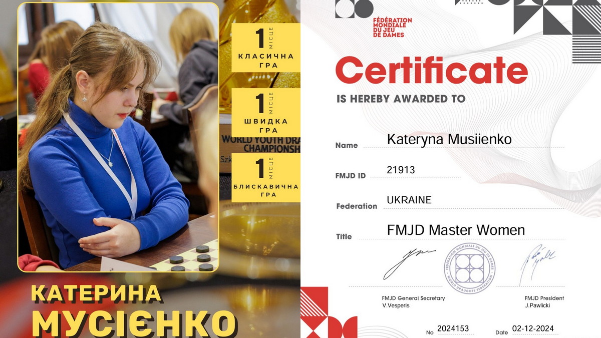 Шашкістка з Харкова Мусієнко Катерина стала майстром FMJD